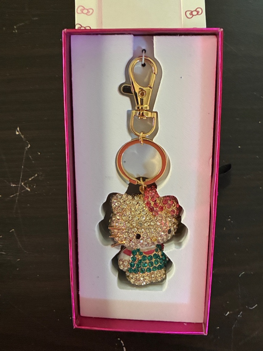 Hello Kitty Gold-Tone Crystal Keyring with Pink Bow and Teal Outfit